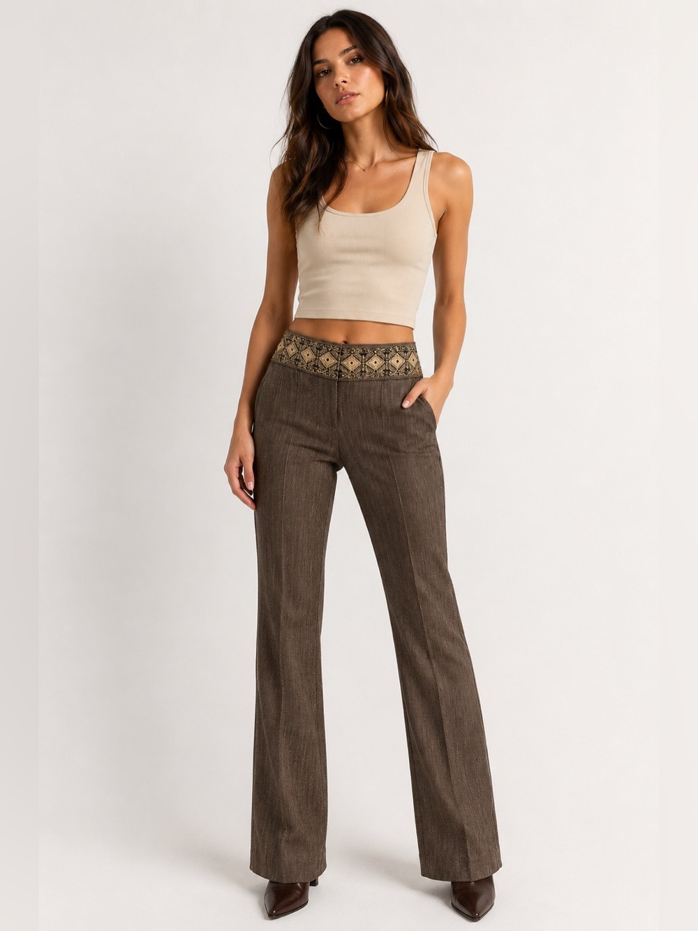 Y2K Bebe Herringbone Dress Pants Embroidered Waistband Boho Tapestry Brown Gold